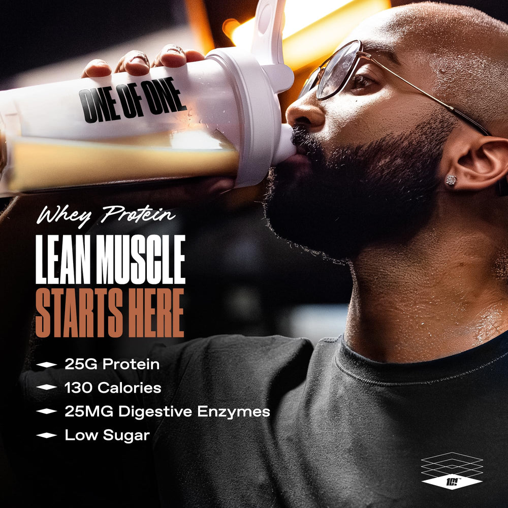 ONE OF ONE Whey protein powder close-up reveals smooth vanilla texture.