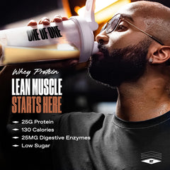 ONE OF ONE Whey protein powder close-up reveals smooth vanilla texture.