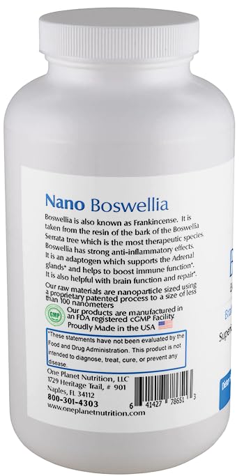 One Planet Nutrition Nano Boswellia label shows vegan, non-GMO formula.