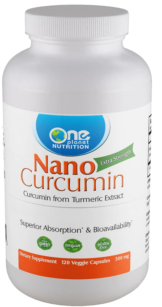 One Planet Nutrition nano-curcumin 500mg bottle highlighting high potency for daily immune support.