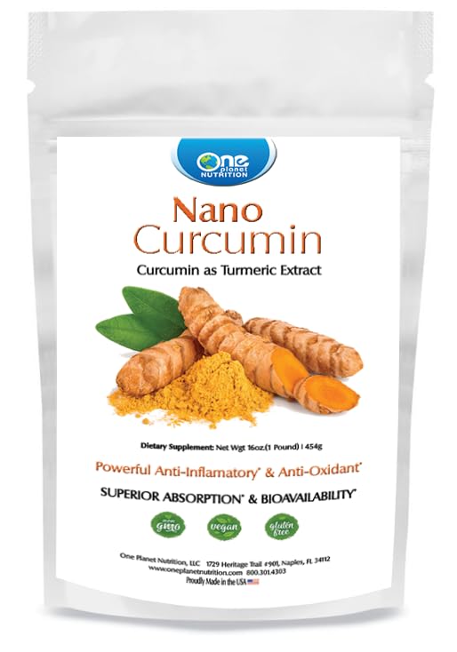 One Planet Nutrition Nano Curcumin powder jar highlights nano particles for enhanced absorption
