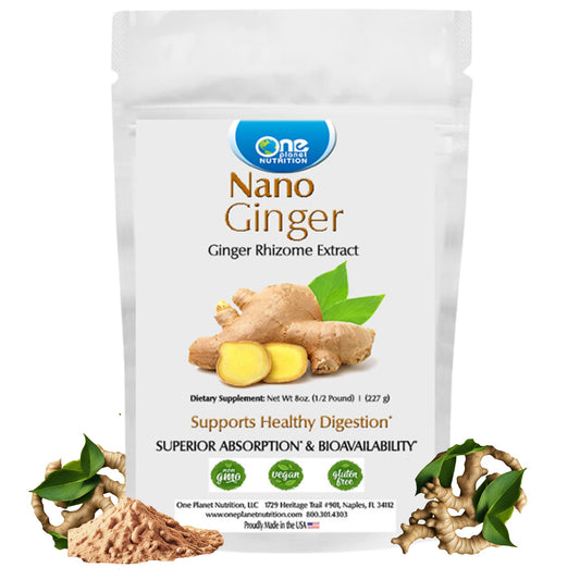 One Planet Nutrition Nano Ginger Root Powder bottle with nano-size particles for enhanced absorption.