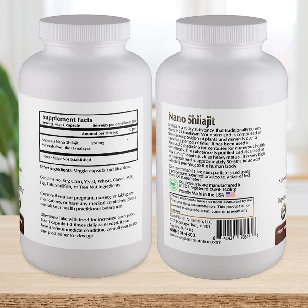 Close-up of One Planet Nutrition Nano Shilajit capsules for daily dosing.