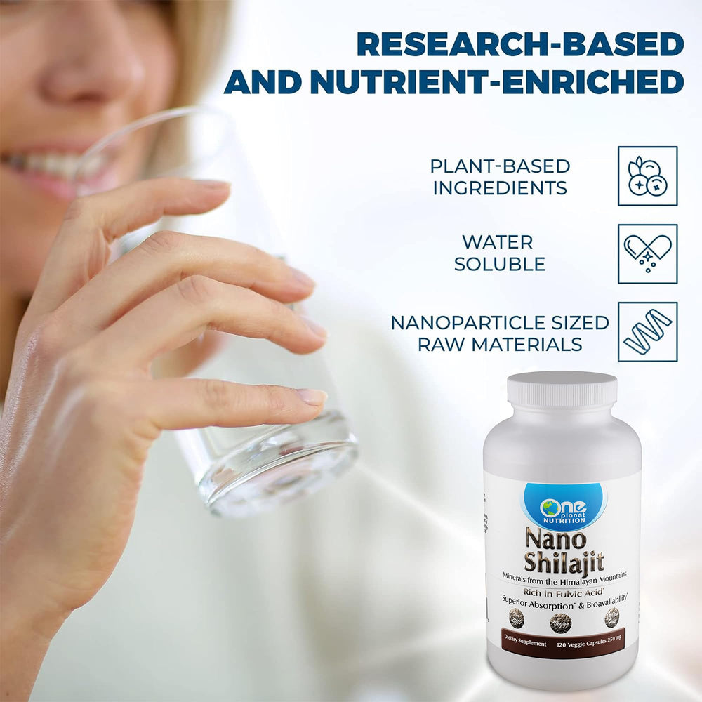Vegan and gluten-free One Planet Nutrition Nano Shilajit capsules.