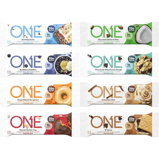 ONE Protein Bars Sampler front pack showcases eight flavors for convenient on-the-go fueling.