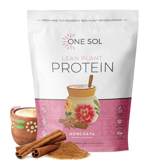 One Sol Lean Horchata bottle closeup highlighting vegan protein for workouts