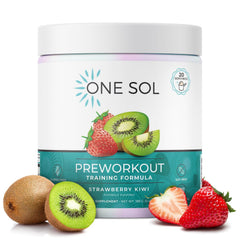 One Sol Pre-Workout for Women tub front label, vegan formula for clean energy.