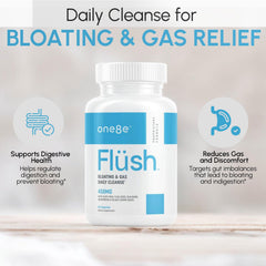 ONE8E Flüsh bottle pour showcasing convenient daily use for bloating relief and smoother digestion.