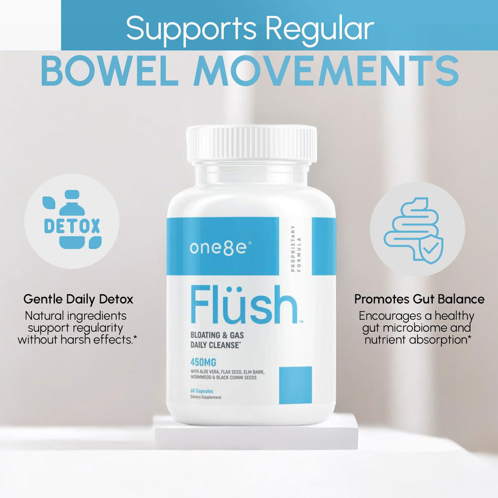 ONE8E Flüsh capsules close-up emphasizing herbal ingredients aiding comfortable digestion.
