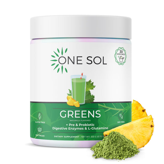 One Sol Greens bottle front shows a convenient daily probiotic boost for digestion.