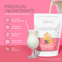 One Sol Lean Plant Protein scoop beside a glass of water for easy mixing.