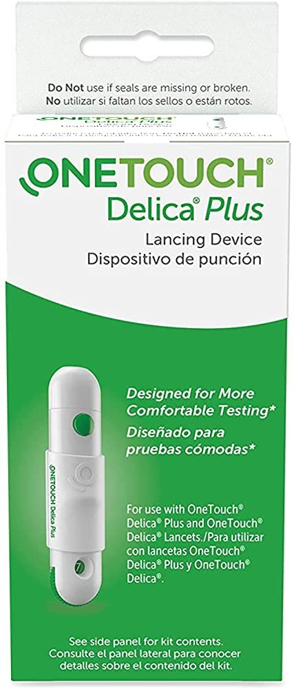 OneTouch Delica Plus lancing device front view for smooth, comfortable testing