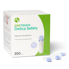 OneTouch Delica Safety lancing device with ergonomic grip for comfortable testing.