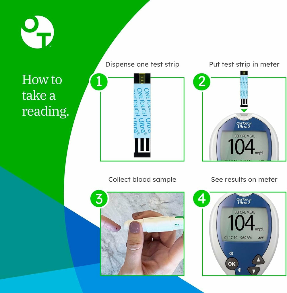OneTouch Verio compatible monitor and strips for fast readings.