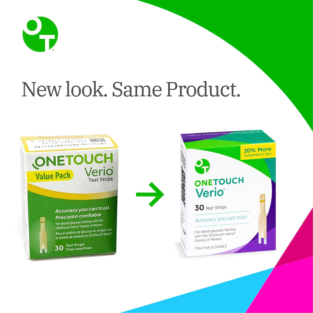 Six-pack packaging of OneTouch Verio strips for bulk refills.