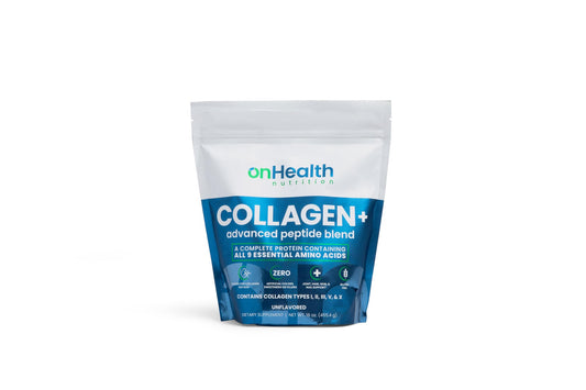 onhealth multi collagen peptide powder front jar showing skin and joint support