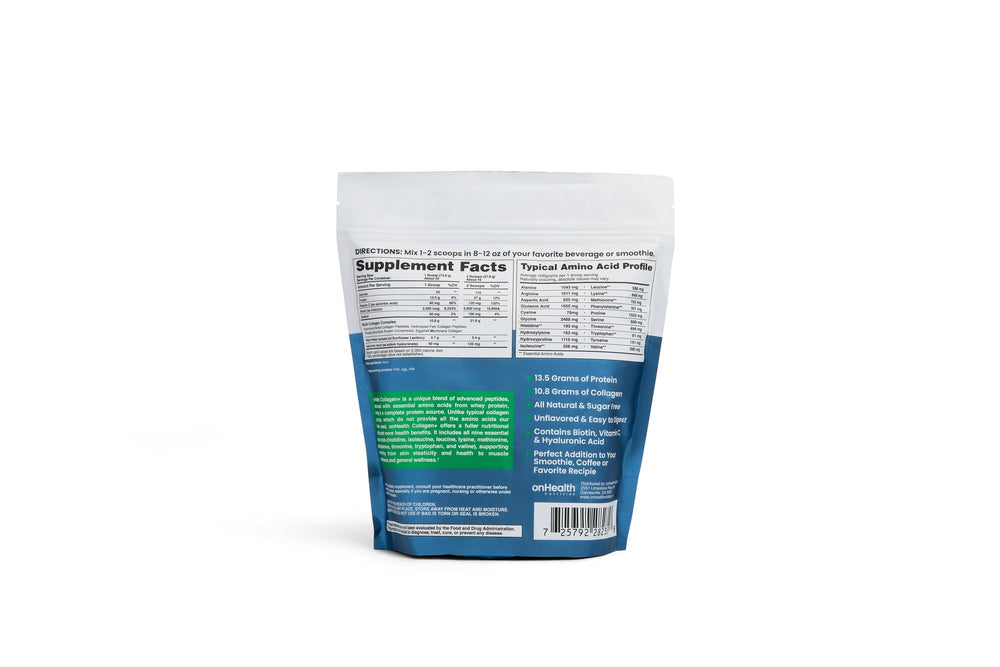 onhealth multi collagen peptide powder label panel highlighting biotin and vitamin C