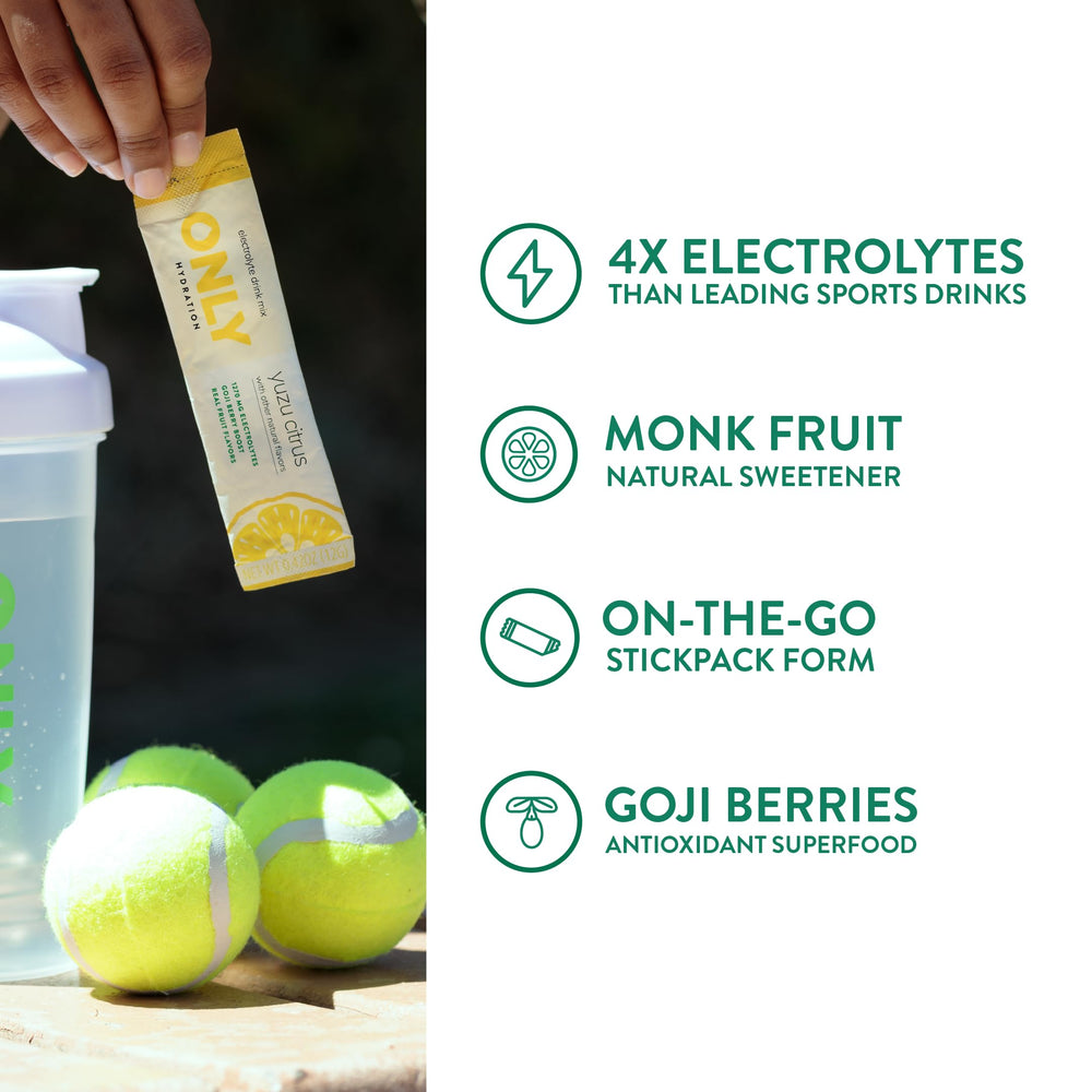 ONLY Hydration On-the-go stick packets for mess-free hydration anywhere.