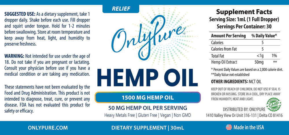 Colorado-made OnlyPure Relief drops label highlights quality origin.