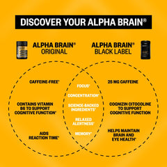 ONNIT Alpha Brain Black Label capsules on shelf, supports focused workdays.