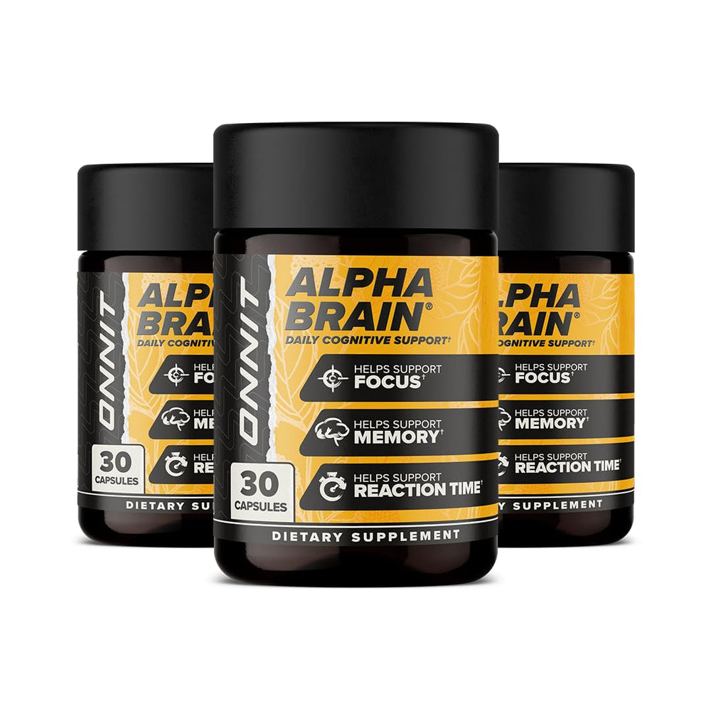 ONNIT Alpha Brain bottle 3ct on display suggesting focus support.