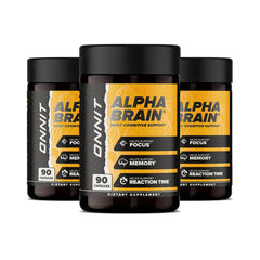 ONNIT Alpha Brain bottle front view, three-pack hinting at memory support