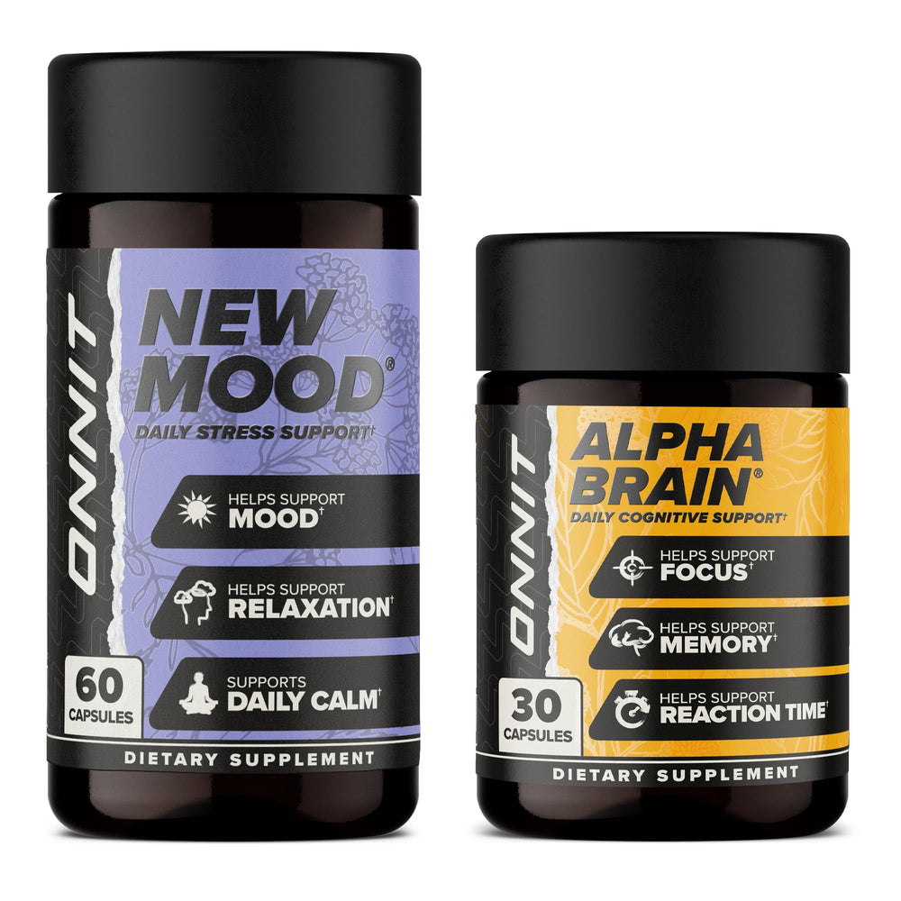 ONNIT Alpha Brain bottle label highlighting caffeine-free focus support.