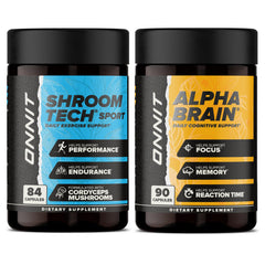 ONNIT Alpha Brain bottle close-up showing caffeine-free focus and mental clarity