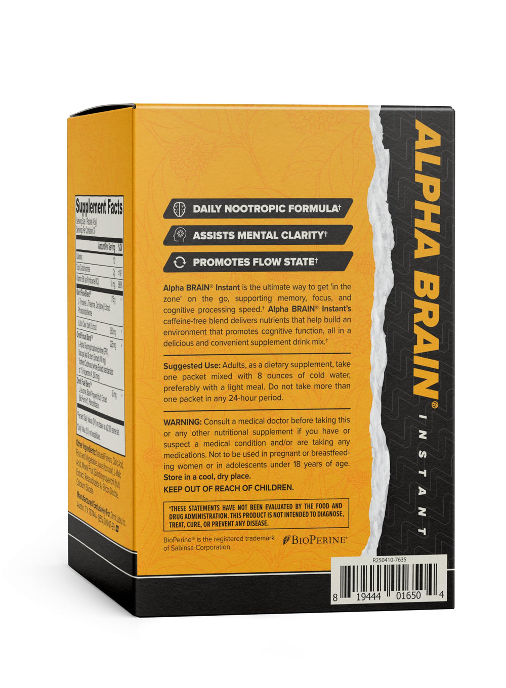 Close-up of Alpha Brain Instant ingredients like L-Theanine and Alpha GPC.