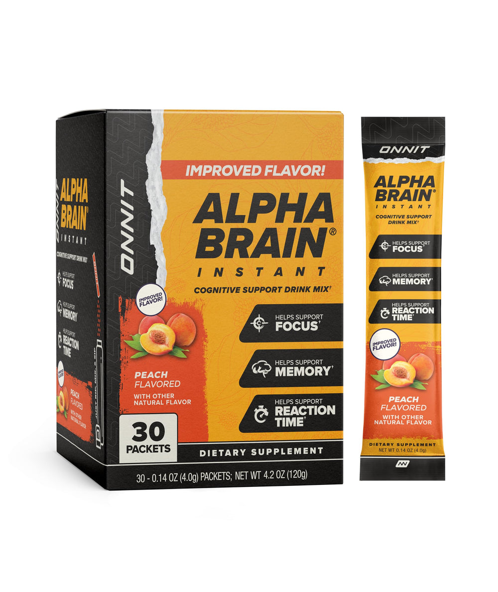 ONNIT Alpha Brain Instant peach packets close-up showing caffeine-free focus