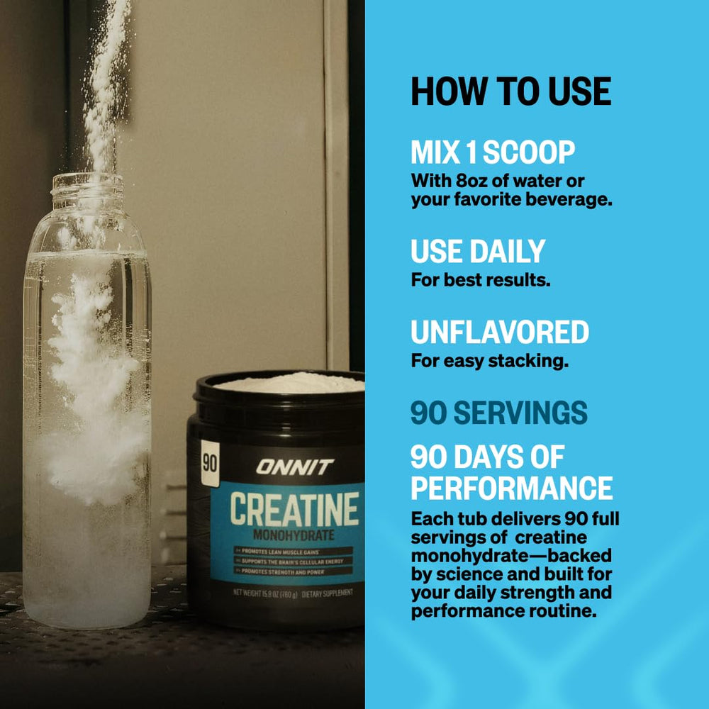 Powder pouring into water with ONNIT Creatine Monohydrate for daily use