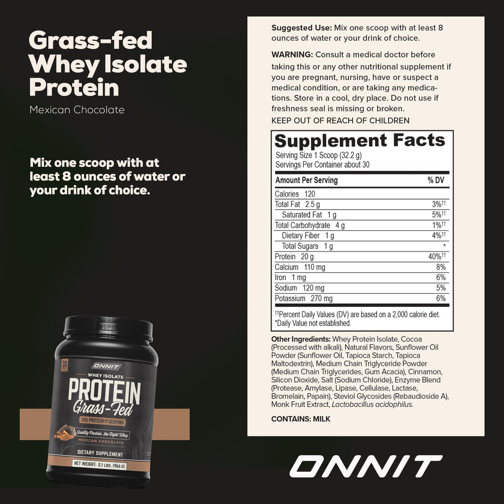 ONNIT Grass Fed Whey Isolate chocolate packaging clearly labeled.