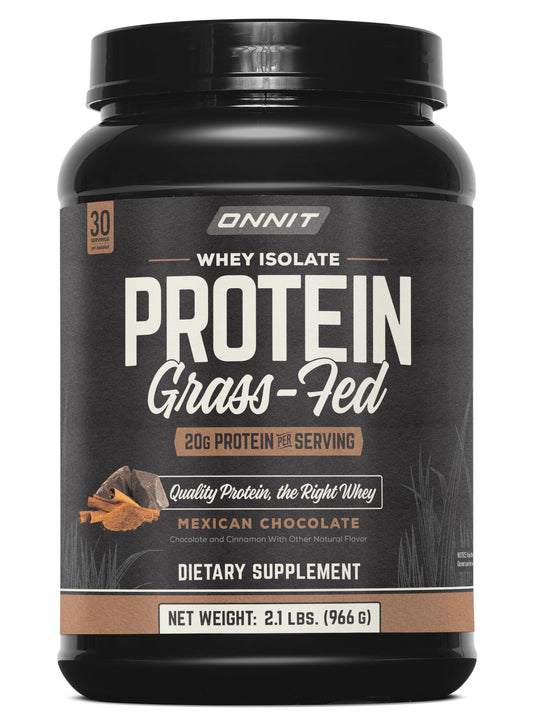 ONNIT Grass Fed Whey Isolate chocolate powder tub for daily shakes.
