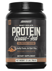 ONNIT Grass Fed Whey Isolate chocolate powder tub for daily shakes.