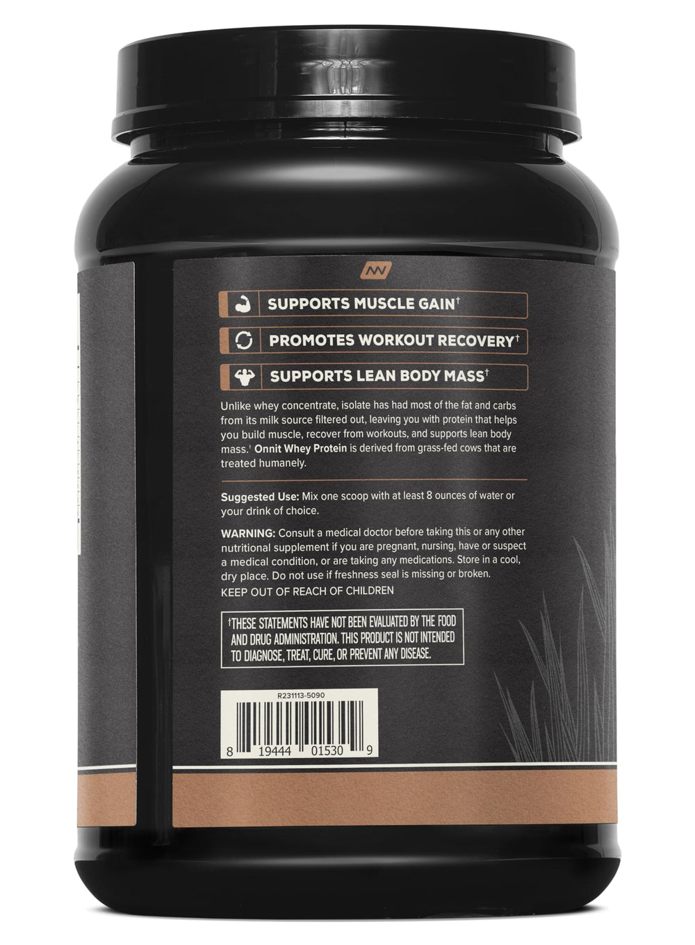 ONNIT Grass Fed Whey Isolate chocolate serving scoop for precise protein.