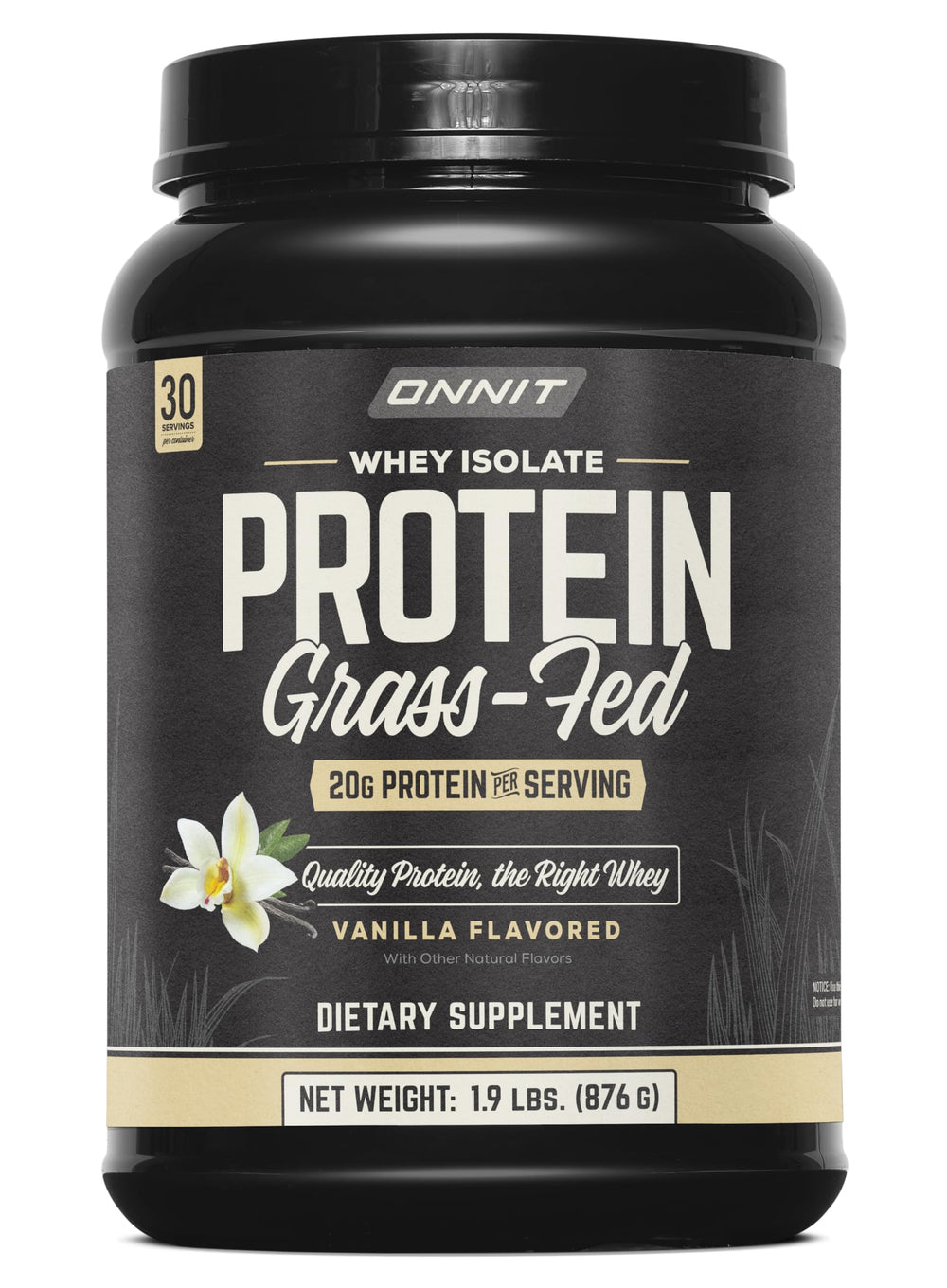 ONNIT Grass Fed Whey Isolate Vanilla tub closeup for lean muscle support