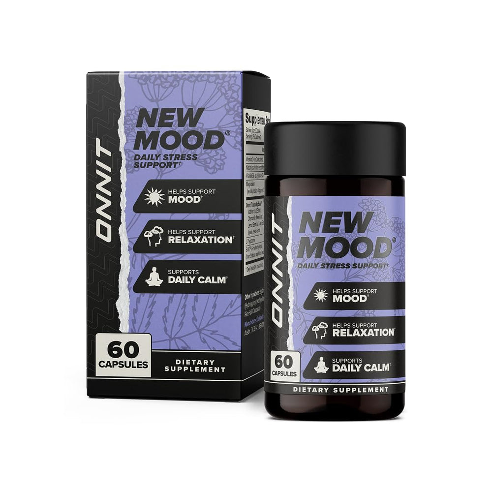 ONNIT New Mood bottle front view for daily stress support and balanced mood.
