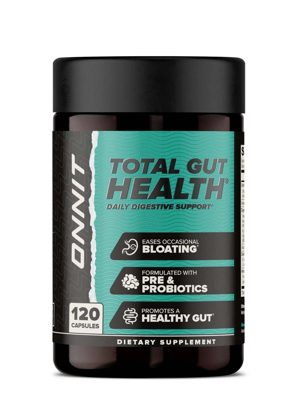 ONNIT Total Gut Health bottle with capsules supporting digestion after meals