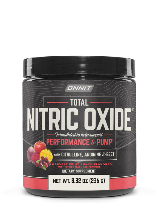 ONNIT Total Nitric Oxide pre-workout tub Harvest Fruit Punch enhances workout readiness