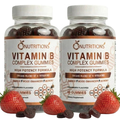 O NUTRITIONS Vitamin B Complex Gummies bottle with strawberry flavor for easy daily energy support.