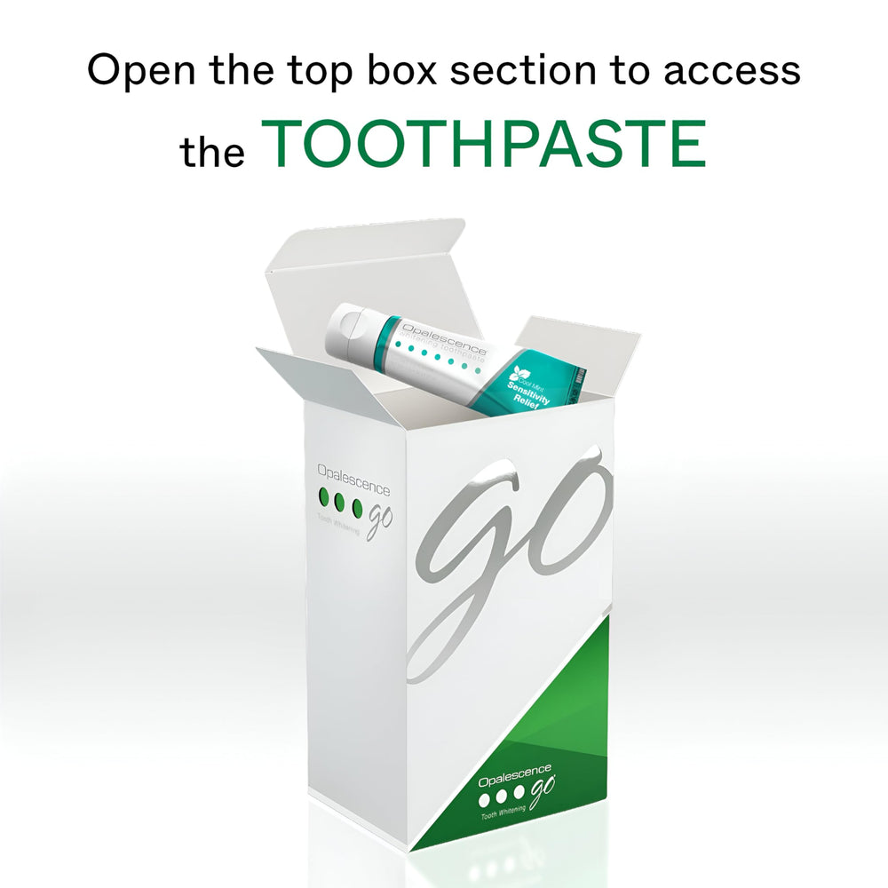 Opalescence GO 15 Mint box open, travel-friendly whitening kit ready.
