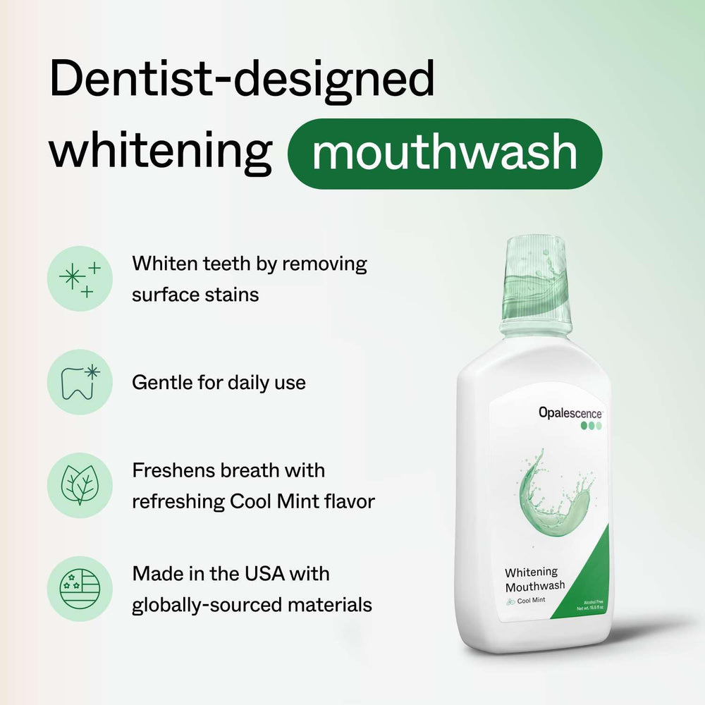 Opalescence mouthwash poured into glass for refreshing rinse.