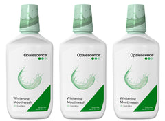 Opalescence whitening mouthwash bottle close-up, premium whitening formula.