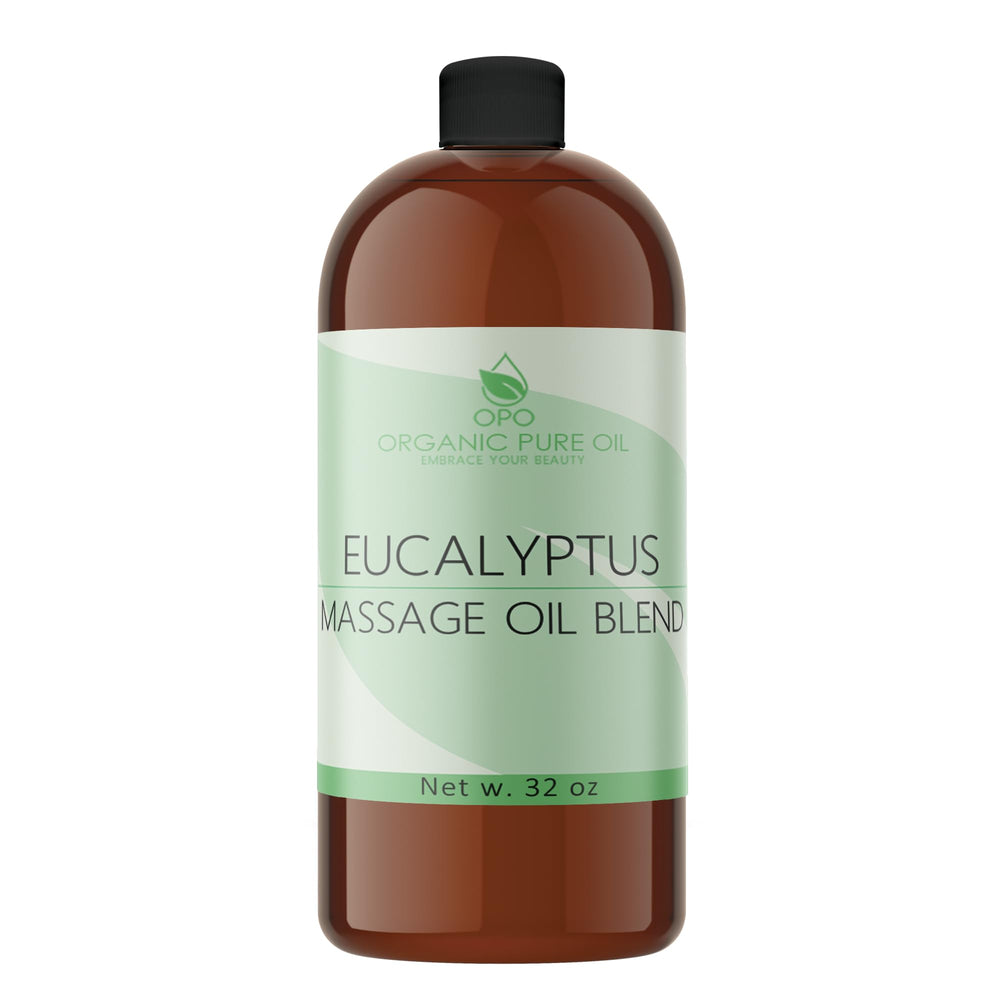 OPO Eucalyptus massage oil bottle shown for relaxing body massage and skin care
