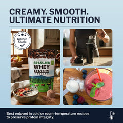 Scoop of Opportuniteas Coffee Whey beside a glass of latte