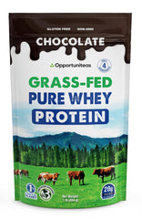 Opportuniteas Grass Fed Whey Chocolate bottle pour highlighting post-workout protein boost