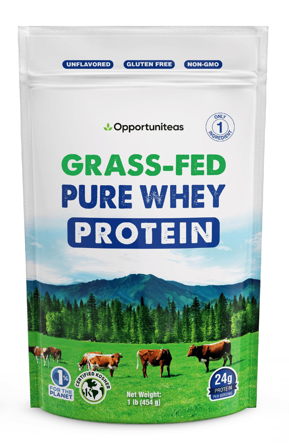 Opportuniteas grass-fed whey concentrate bag highlights hormone-free protein source for clean nutrition.