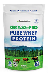 Opportuniteas grass-fed whey concentrate bag highlights hormone-free protein source for clean nutrition.
