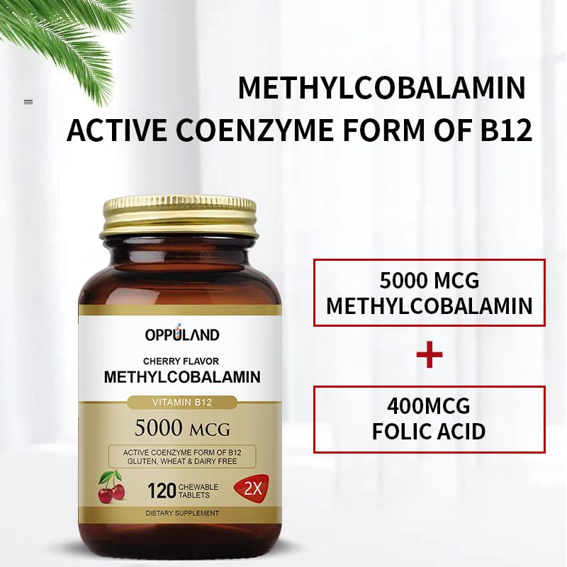 Oppuland Methyl B-12 5000mcg sublingual tablets in cherry flavor for quick absorption.