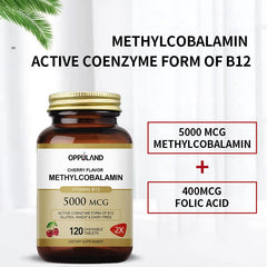 Oppuland Methyl B-12 5000mcg sublingual tablets in cherry flavor for quick absorption.
